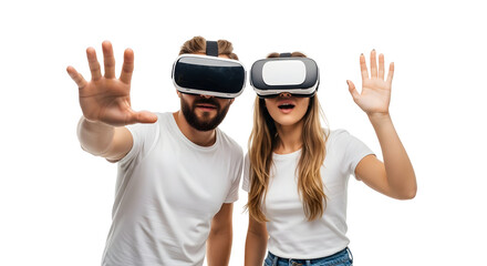 Excited young adults exploring new virtual worlds through advanced VR technology, hands outstretched in an immersive digital experience