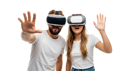 Excited young adults exploring new virtual worlds through advanced VR technology, hands outstretched in an immersive digital experience