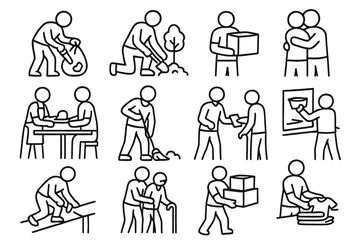 Volunteer Action Icons. Line style icons of volunteer actions: picking up trash, planting tree, delivering package, hugging person