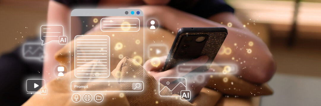 Adult user interacting generative artificial intelligence application smartphone engaging AI tools creating digital content technology advancement - Powered by Adobe