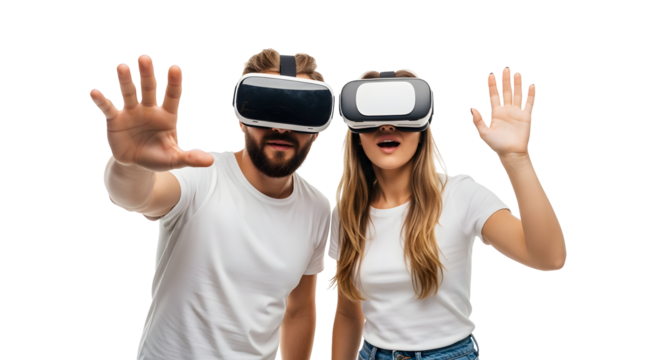 Excited young adults exploring new virtual worlds through advanced VR technology, hands outstretched in an immersive digital experience