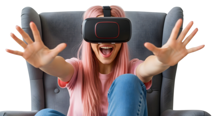 Joyful young woman with pink hair fully immersed in an exciting virtual reality experience, actively interacting with the digital world through advanced headset technology