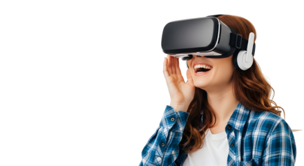 Captivated young woman enjoying an immersive virtual reality experience, happily exploring new digital worlds with cutting-edge technology and a joyful expression