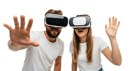 Immersed young couple enjoys virtual reality, wearing advanced headsets and interacting with a digital world, showcasing the future of interactive technology and entertainment