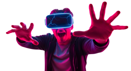Man experiencing thrilling virtual reality, hands reaching out in an immersive neon-lit digital world, exploring futuristic gaming and interactive entertainment