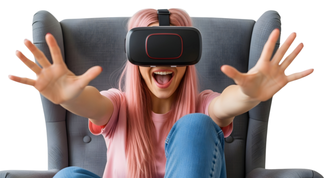 Joyful young woman with pink hair fully immersed in an exciting virtual reality experience, actively interacting with the digital world through advanced headset technology
