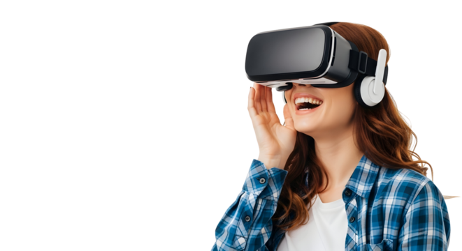 Captivated young woman enjoying an immersive virtual reality experience, happily exploring new digital worlds with cutting-edge technology and a joyful expression - Powered by Adobe