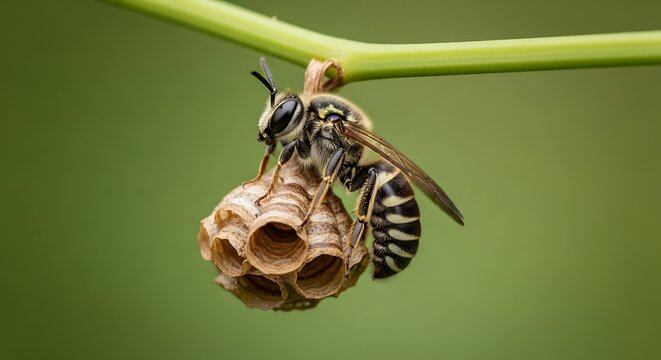 Paper wasp building its hexagonal cell nest on a green stem.