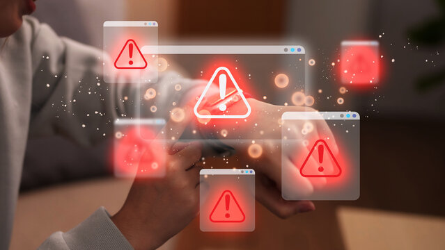 Adult hands interacting virtual warning signs cyber security threat system error notification technology data breach