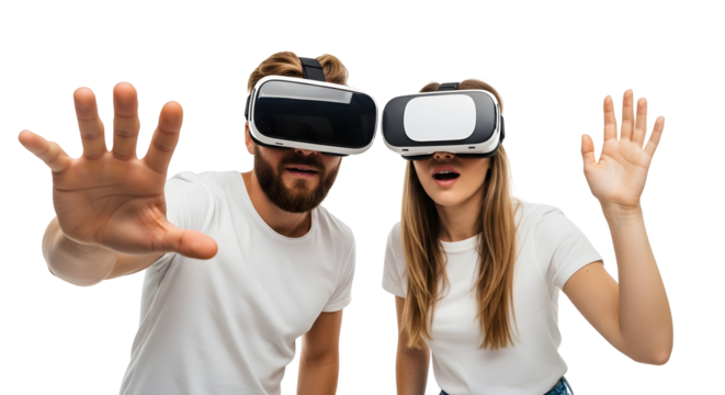 Immersed young couple enjoys virtual reality, wearing advanced headsets and interacting with a digital world, showcasing the future of interactive technology and entertainment