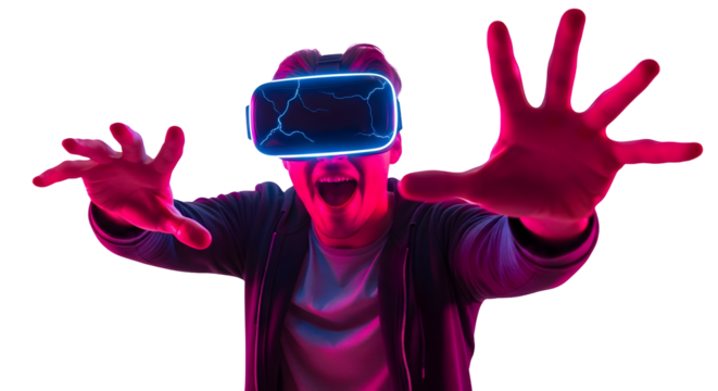 Man experiencing thrilling virtual reality, hands reaching out in an immersive neon-lit digital world, exploring futuristic gaming and interactive entertainment