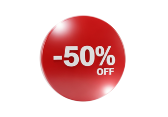 Red circle with 50 off text isolated on transparent background