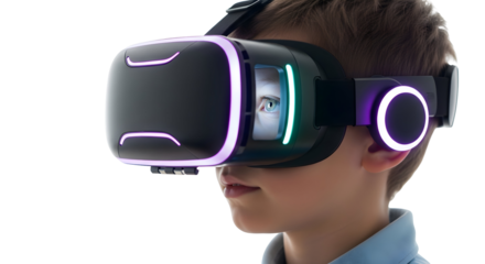 Young user captivated by an advanced virtual reality headset, exploring an immersive digital world and futuristic entertainment experience