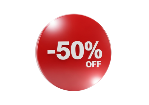 Red circle with 50 off text isolated on transparent background