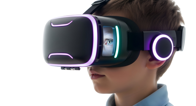 Young user captivated by an advanced virtual reality headset, exploring an immersive digital world and futuristic entertainment experience