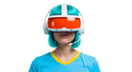 Vibrant blue-haired individual in a cutting-edge virtual reality headset, exploring futuristic digital worlds with immersive technology and advanced visual experiences