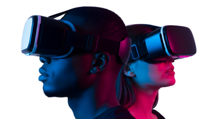 Diverse individuals immerse themselves in a futuristic virtual reality world, embracing cutting-edge technology for an unparalleled digital experience