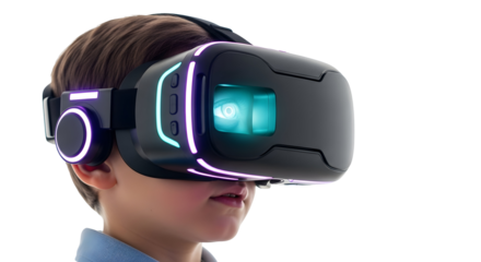 Young child experiencing the immersive world of virtual reality, exploring futuristic digital landscapes and interactive technology with a modern VR headset