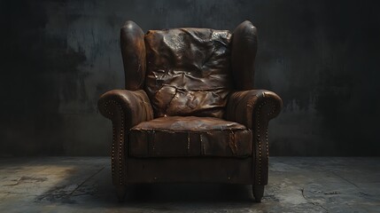 Worn Leather Armchair Against a Dark Wall, Patched and Studded Design Details Shown