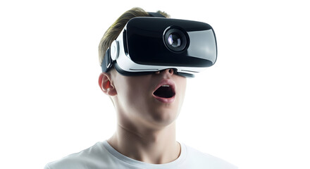 Amazed young person experiencing immersive virtual reality, captivated by the digital world, engaging with advanced technology for entertainment and discovery