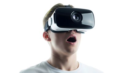 Amazed young person experiencing immersive virtual reality, captivated by the digital world, engaging with advanced technology for entertainment and discovery