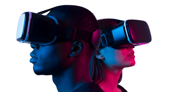 Diverse individuals immerse themselves in a futuristic virtual reality world, embracing cutting-edge technology for an unparalleled digital experience