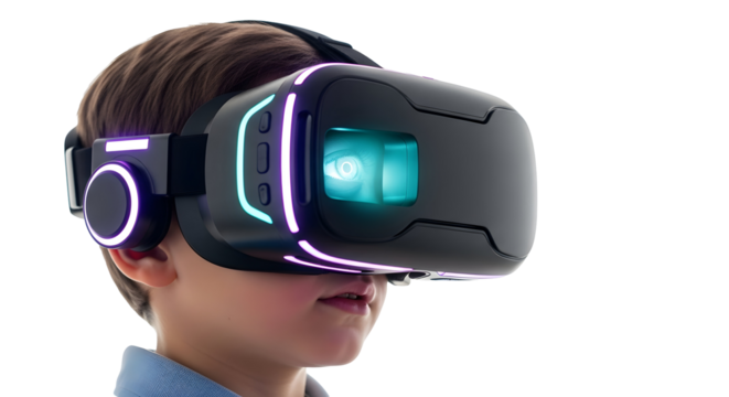 Young child experiencing the immersive world of virtual reality, exploring futuristic digital landscapes and interactive technology with a modern VR headset
