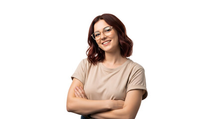Obraz premium A vibrant and confident woman in glasses, smiling warmly with arms crossed, exuding approachability and a professional demeanor in a clear studio portrait setting