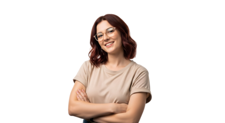 A vibrant and confident woman in glasses, smiling warmly with arms crossed, exuding approachability and a professional demeanor in a clear studio portrait setting