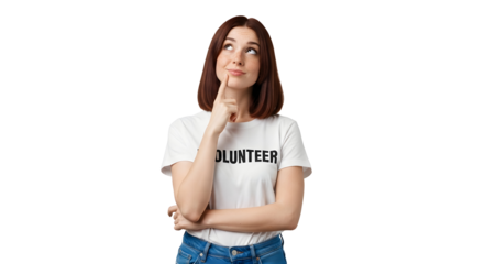 Pensive young woman in a 'Volunteer' t-shirt, lost in thought and looking upwards, contemplating ideas for community service or future initiatives, isolated on white