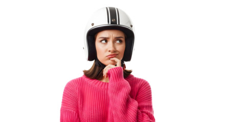 Pondering the next adventure, a young woman in a sleek helmet displays a thoughtful and reflective expression, weighing her options with a moment of quiet consideration