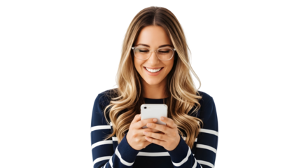 Smiling young woman happily engaging with her smartphone, enjoying seamless digital communication and connection on a clean white background