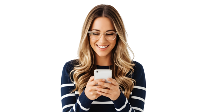Smiling young woman happily engaging with her smartphone, enjoying seamless digital communication and connection on a clean white background