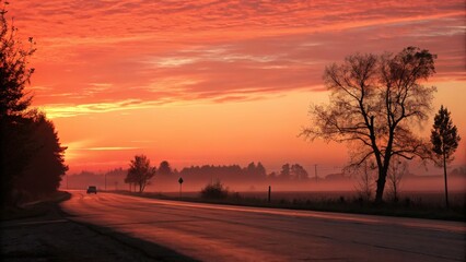 Obraz premium Stunning sunrise over a quiet road with silhouetted trees and misty landscape