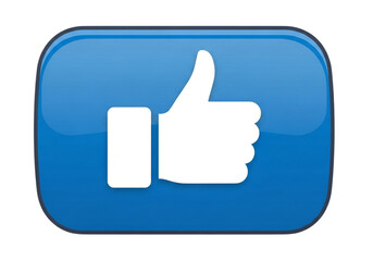 Blue button with a white thumbs up icon isolated on transparent background