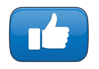 Blue button with a white thumbs up icon isolated on transparent background