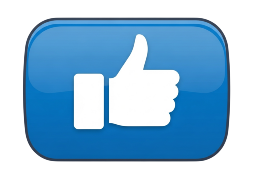Blue button with a white thumbs up icon isolated on transparent background