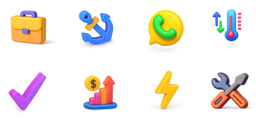 A colorful 3D rendering of a suitcase, anchor, speech bubble, thermometer, check mark, dollar sign, lightning bolt, wrench, and screwdriver icons.