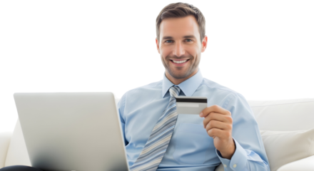 Smiling man confidently completes a seamless online transaction using his credit card and laptop, enjoying the ease and security of digital financial management