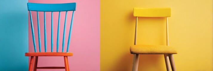 Colorful chairs against vibrant walls create a lively and modern atmosphere, perfect for interior design projects and showcasing unique furniture styles.