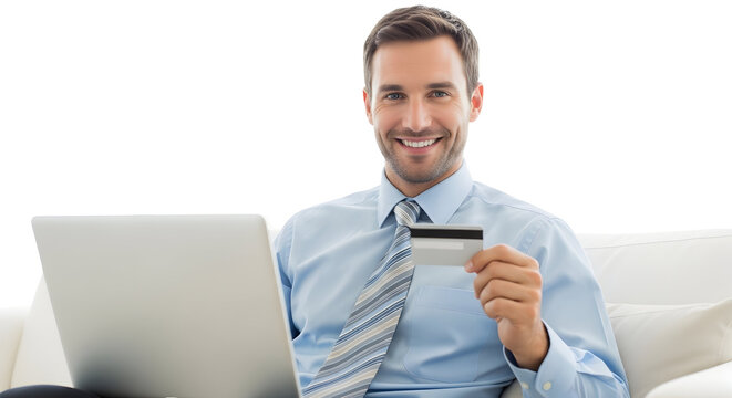 Smiling man confidently completes a seamless online transaction using his credit card and laptop, enjoying the ease and security of digital financial management