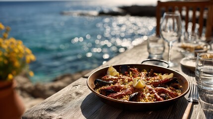 Paella aux fruits de mer servie dans une poele au bord de la mer