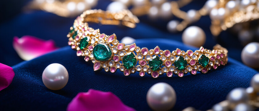 An exquisite Indian matha patti set with green emerald-like stones and pink gemstones, resting atop smooth royal blue velvet