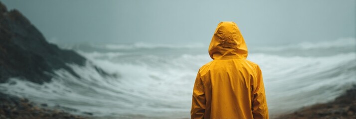 A person in a yellow raincoat stands at the edge of a stormy sea, gazing into the wild waves and gray atmosphere that evokes a sense of adventure and resilience.