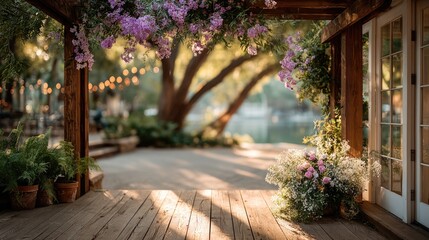A rustic wooden arbor adorned with wildflowers and greenery, glowing sunset casting long shadows, soft bokeh lights in the background, intimate and romantic