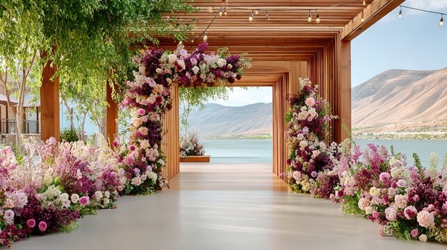A romantic vineyard arbor adorned with wine-colored dahlias and greenery, sunset glow enhancing the rich tones, intimate and luxurious vibe