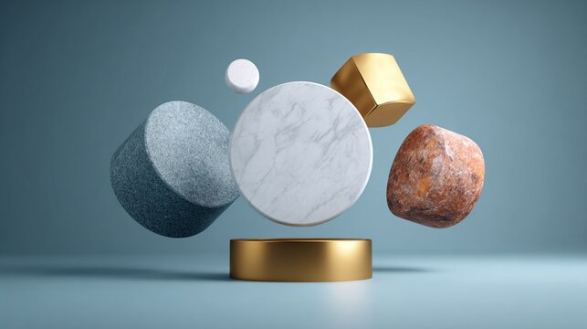 Floating geometric shapes arranged artistically create a modern and minimalistic design. The combination of textures and colors adds a contemporary touch to interior decor themes. Ideal for background