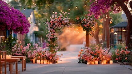 An elegant floral wedding arch covered in lush pink and ivory blooms, warm sunset light streaming through, creating a magical and ethereal atmosphere