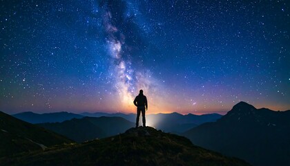 Silhouette figure on mountaintop, Milky Way