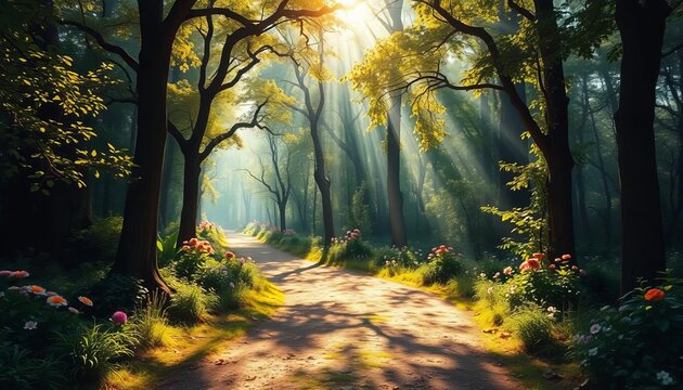 Sun-dappled path winds through enchanted forest, glowing flora, classical oil painting style,  elf,  ancient trees